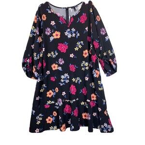 Lane Bryant Dress Womens Size 28 Black Floral Roll Quarter Sleeves V Neck Pink